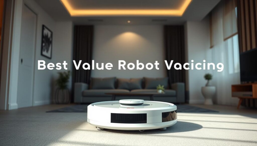 A high-quality, futuristic robot vacuum cleaner with a sleek, modern design sits in a well-lit, minimalist living room. The robot's glossy white chassis and intelligent sensors convey a sense of advanced technology and efficient cleaning capabilities. Soft shadows and diffused lighting create a warm, inviting ambiance, highlighting the vacuum's premium appearance and attention to detail. The room's decor is simple yet stylish, allowing the robot vacuum to take center stage as the focal point, showcasing its status as the "Best Value Robot Vacuum" for the discerning Singapore consumer.