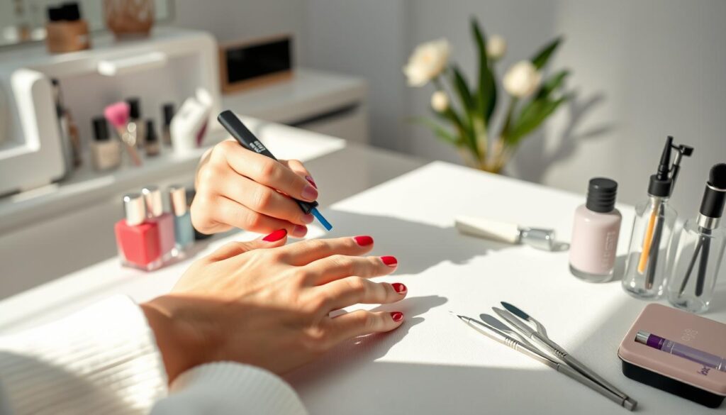 A high-quality nail service in a chic, modern salon. Delicate hands carefully shaping nails, applying glossy polish in a range of vibrant hues. Serene natural lighting illuminates the scene, accentuating the precision of the manicure. Soft, diffused shadows create depth and dimension, while a clean, minimalist aesthetic sets the tone. Attention to detail is evident, from the neatly organized nail care tools to the pristine, immaculate workspace. An atmosphere of tranquility and relaxation pervades, inviting the viewer to imagine the ultimate pampering experience.
