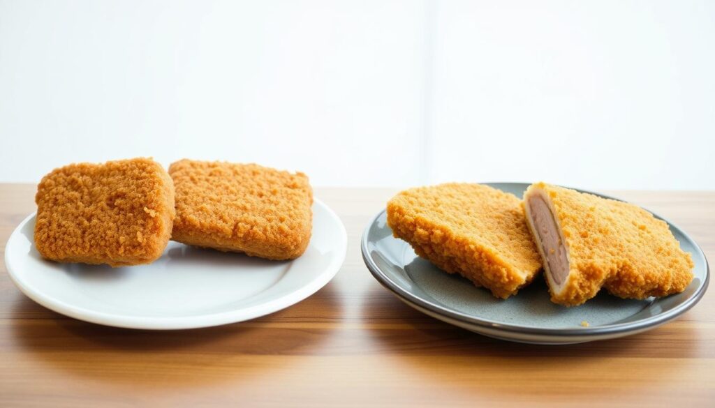 A high-quality photograph of two plates of tonkatsu (Japanese breaded pork cutlet) arranged side-by-side, with one plate featuring the tonkatsu from Katsuya restaurant and the other plate featuring the tonkatsu from TONSHOU restaurant. The plates are placed on a wooden table, with a minimalist background that allows the tonkatsu to be the focal point. The lighting is soft and natural, highlighting the crisp, golden-brown breading and the tender, juicy pork inside. The camera angle is slightly elevated to provide a clear, unobstructed view of the dishes. The overall mood is one of culinary comparison and appreciation for the art of tonkatsu preparation.