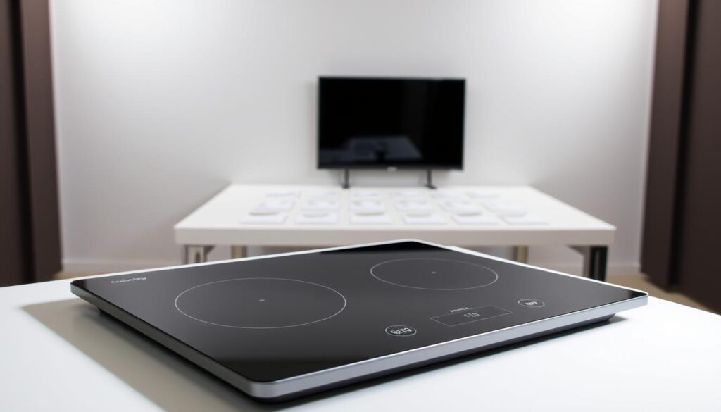 A high-quality, professionally-lit image of an induction hob price guide. The foreground showcases a sleek, modern induction hob with clean lines and a glossy black surface. In the middle ground, a table displays various price tags and labels, neatly arranged to create a sense of order and clarity. The background features a minimalist, well-lit studio setting with soft, diffused lighting, creating a pleasant, informative atmosphere. The overall composition balances the practical details of the induction hob and pricing information, presenting a visually appealing and informative resource for the reader.