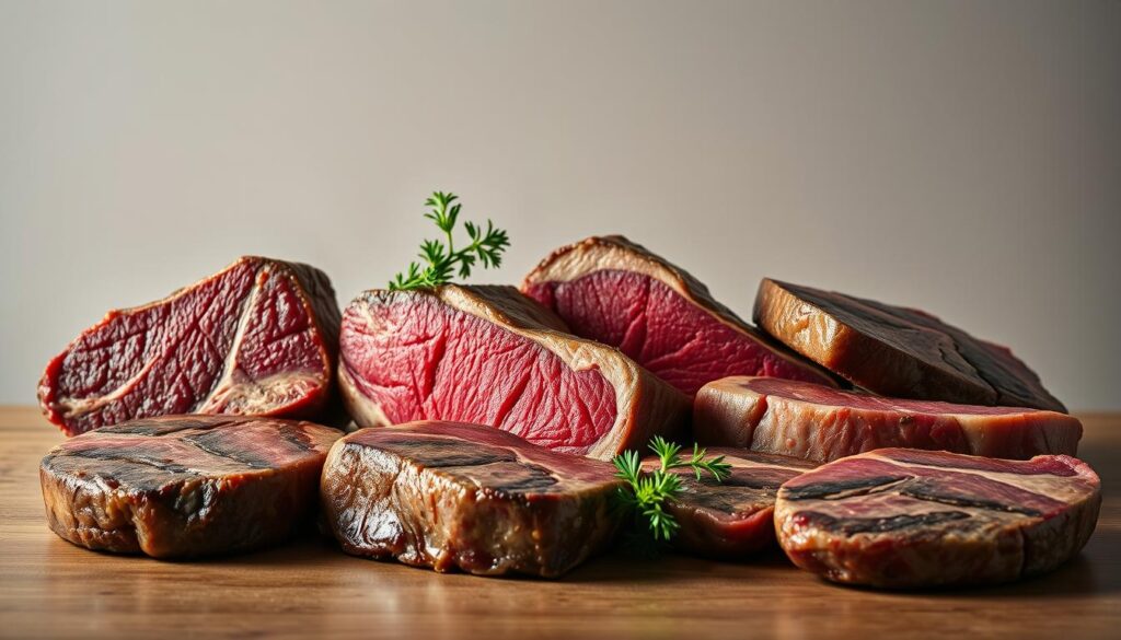 A high-quality still life composition of various cuts of halal steak against a clean, neutral background. The steaks are arranged in an appealing, artistic manner, showcasing their distinct textures, marbling, and vibrant colors. Carefully positioned lighting creates dramatic shadows and highlights the natural beauty of the meat. The image conveys a sense of sophistication and culinary expertise, inviting the viewer to imagine the delicious flavors and preparations possible with these premium halal steak cuts. The overall mood is one of refined elegance, reflecting the upscale dining experience promised by the article.