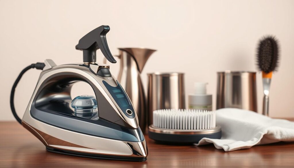 A high-quality, well-lit studio shot of a neatly arranged composition featuring the top five garment care tools essential for the best steam irons in Singapore. In the foreground, a gleaming metal steam iron, its polished chrome surface reflecting the light. Surrounding it, an assortment of premium tools including a spray bottle, a stainless steel water pitcher, a fabric brush, and a premium ironing board cover. The middle ground showcases the tools in crisp focus, while the background is softly blurred, emphasizing the subject. Warm, diffused lighting creates a professional, aspirational atmosphere, highlighting the quality and craftsmanship of the tools.