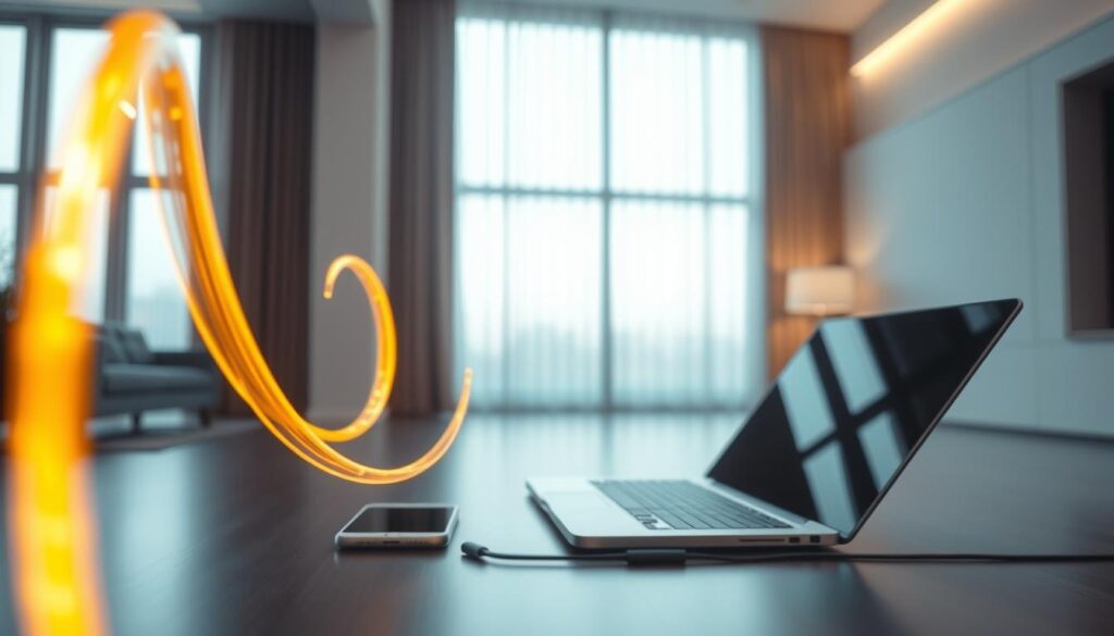 A high-resolution, cinematic image of a modern fibre optic broadband plan. The foreground features a futuristic, glowing fiber optic cable twisting and curving dynamically, emanating a warm, golden glow. The middle ground showcases an array of digital devices, such as a smartphone, tablet, and laptop, all connected to the fiber optic network. The background depicts a sleek, minimalist interior design with clean lines, neutral colors, and large windows, bathed in soft, natural lighting. The overall mood is one of technological sophistication, seamless connectivity, and a sense of the power and potential of high-speed, reliable fibre broadband.