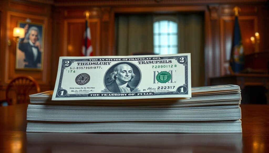 A high-resolution, detailed image of U.S. treasury bills in a stately, sophisticated setting. The bills are stacked neatly, illuminated by warm, directional lighting that casts subtle shadows, giving depth and dimension. The background is a wood-paneled office with a large desk, lending an air of authority and financial stability. The overall mood is one of seriousness and reliability, capturing the essence of a secure investment option. The composition is balanced, with the treasury bills as the focal point, surrounded by subtle, tasteful accents that complement the subject matter.