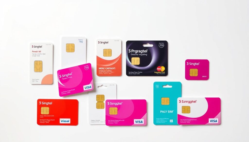 A high-resolution, photorealistic image of various SingTel prepaid SIM card packages and options, neatly arranged on a minimalist white background with soft, even lighting from above. The SIM cards are displayed in a clean, organized manner, showcasing their different designs, data plans, and pricing details. The overall composition has a sleek, modern aesthetic that emphasizes the variety and versatility of SingTel's prepaid offerings. The image conveys a sense of professionalism and attention to detail, making it suitable for an article on the best prepaid SIM card options in Singapore.