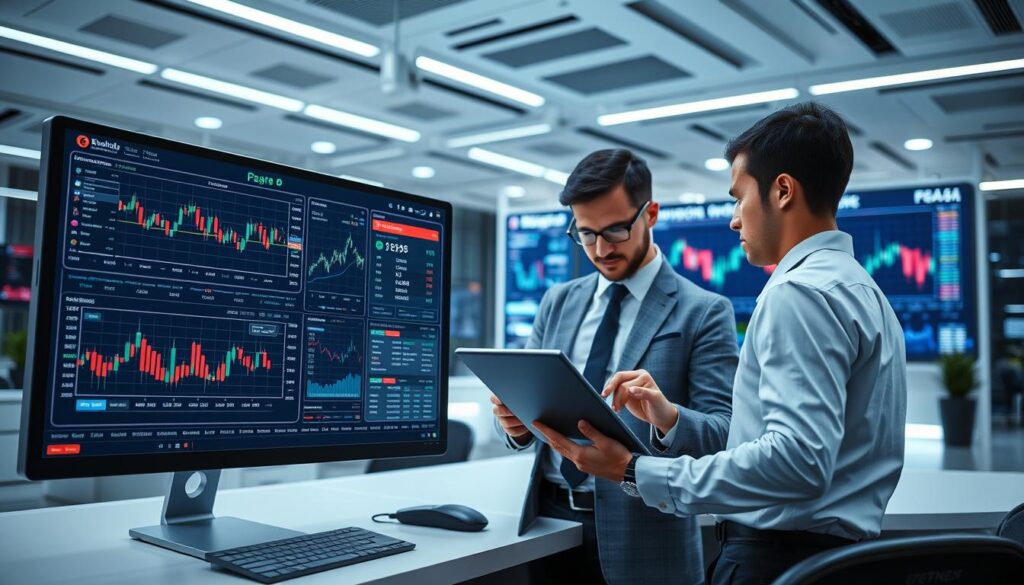 A high-tech trading platform with sleek user interfaces, intuitive dashboards, and real-time data visualizations. The foreground features a desktop computer screen displaying multiple trading charts, order books, and live market feeds. In the middle ground, a businessperson interacts with a touchscreen tablet, analyzing market trends. The background showcases a futuristic office environment with large display screens, sophisticated lighting, and a minimalist, high-contrast color palette. The overall atmosphere conveys a sense of technological sophistication, financial intelligence, and the fast-paced dynamics of the forex trading world. A high-tech trading platform with sleek user interfaces, intuitive dashboards, and real-time data visualizations. The foreground features a desktop computer screen displaying multiple trading charts, order books, and live market feeds. In the middle ground, a businessperson interacts with a touchscreen tablet, analyzing market trends. The background showcases a futuristic office environment with large display screens, sophisticated lighting, and a minimalist, high-contrast color palette. The overall atmosphere conveys a sense of technological sophistication, financial intelligence, and the fast-paced dynamics of the forex trading world.