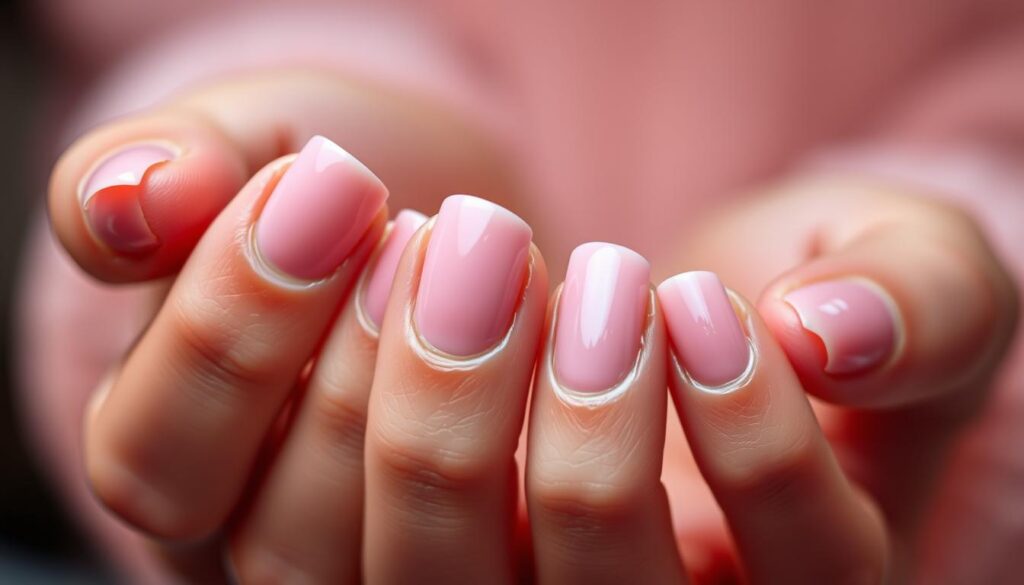 A highly detailed, close-up view of a classic gel manicure. The nails are perfectly shaped and polished with a glossy, mirror-like finish in a soft, pastel pink hue. The lighting is gentle and diffuse, creating a warm, ambient glow that highlights the smooth, even texture of the gel coat. The hands are positioned elegantly, with the fingers slightly splayed to showcase the flawless nail beds and cuticles. The background is blurred, keeping the focus solely on the intricate details of the manicure. The overall mood is one of sophistication, luxury, and well-groomed elegance.