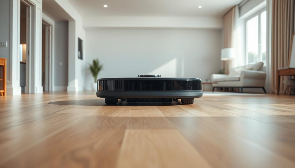 A large, sleek robot vacuum cleaner navigates through a spacious, modern living room. The device's brushes and sensors seamlessly glide across the expansive hardwood floor, leaving a pristine trail behind. Soft, diffused lighting illuminates the room, highlighting the vacuum's polished chassis and efficient, compact design. The scene conveys a sense of effortless cleaning power and advanced technology, perfectly suited for a large home environment. Detailed textures, realistic shadows, and a harmonious color palette contribute to the image's high-quality, lifelike appearance.