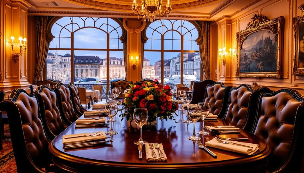 A lavish Italian dining room bathed in warm, ambient lighting. Elegant, high-backed chairs surrounding a polished wood table set with gleaming silverware, crystal glassware, and a centerpiece of vibrant flowers. The walls are adorned with intricate, gilded moldings and ornate, vintage-inspired artwork. Large windows offer a glimpse of a picturesque Italian cityscape outside, with twinkling lights and the faint silhouettes of historic buildings. The atmosphere is one of refined sophistication and indulgence, inviting guests to savor every bite of an exceptional Italian culinary experience.