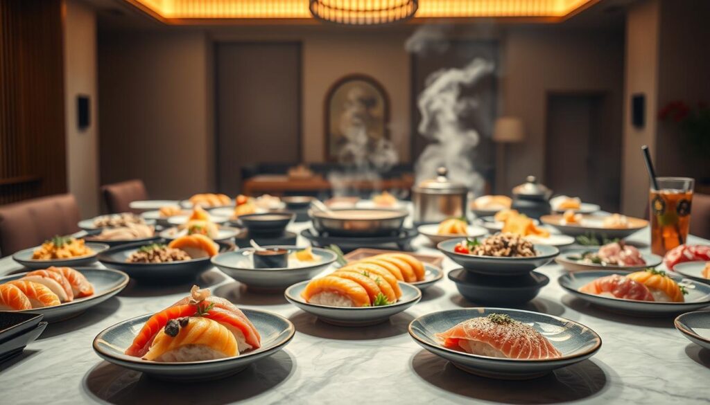 A lavish Japanese banquet table illuminated by soft, warm lighting, featuring an exquisite selection of gourmet dishes. In the foreground, delicately plated sashimi and nigiri sushi, each slice meticulously arranged. The middle ground showcases a steaming hot pot, its fragrant broth enticing the senses. In the background, a tranquil, minimalist Japanese interior, with clean lines and subtle accents evoking a serene, refined atmosphere. The overall scene exudes a sense of culinary artistry, attention to detail, and the essence of elevated Japanese cuisine.