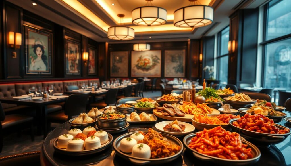 A lavish dining table set with an array of exquisite Cantonese and Szechuan dishes, capturing the dual culinary experience of Qing Hua Jiao and Jing Yue Rong. In the foreground, delicate dim sum and fragrant steamed buns sit alongside fiery Szechuan specialties, their vibrant colors and textures creating a mouthwatering display. Surrounding the table, a serene, dimly-lit restaurant interior with plush seating, dark wood accents, and traditional Chinese artwork, evoking a sophisticated and intimate ambiance. Soft, warm lighting from overhead fixtures casts a gentle glow, highlighting the artful presentation of the culinary masterpieces. The scene conveys a harmonious fusion of Cantonese and Szechuan culinary traditions, inviting the viewer to immerse themselves in a truly exceptional dining experience.