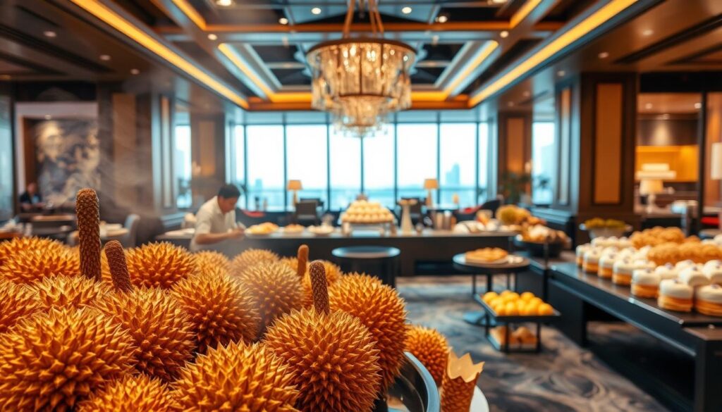 A lavish durian buffet unfolds before us, set within the elegant ambiance of the Grand Copthorne Waterfront Hotel. In the foreground, an ornate display showcases an array of golden, spiky durian fruits, their fragrant aroma wafting through the air. The middle ground reveals a long table laden with various durian-based delicacies, from creamy durian ice cream to fluffy durian pastries, all invitingly arranged. In the background, the hotel's chic and modern interior design, with its warm lighting and sleek furnishings, creates a sophisticated and indulgent atmosphere. The scene evokes a luxurious and immersive durian dining experience, perfectly capturing the essence of the "Durian Buffet Extravaganza" at the Grand Copthorne Waterfront Hotel.
