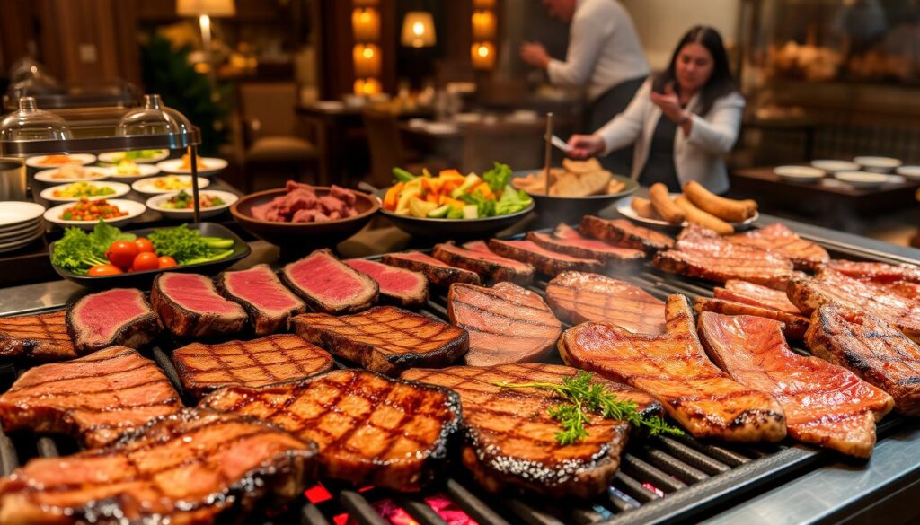 A lavish spread of succulent Argentinian steaks sizzling on a rustic grill, surrounded by an array of tempting buffet options. In the foreground, juicy ribeyes, t-bones, and flank steaks are expertly charred, their mouthwatering aroma wafting through the air. The middle ground showcases a vibrant display of salads, roasted vegetables, and artisanal bread. In the background, an intimate dining room with warm lighting and natural wood accents sets the perfect mood for an authentic Argentinian dining experience. The scene exudes a sense of culinary indulgence and cultural immersion, inviting the viewer to savor the flavors of Argentina.