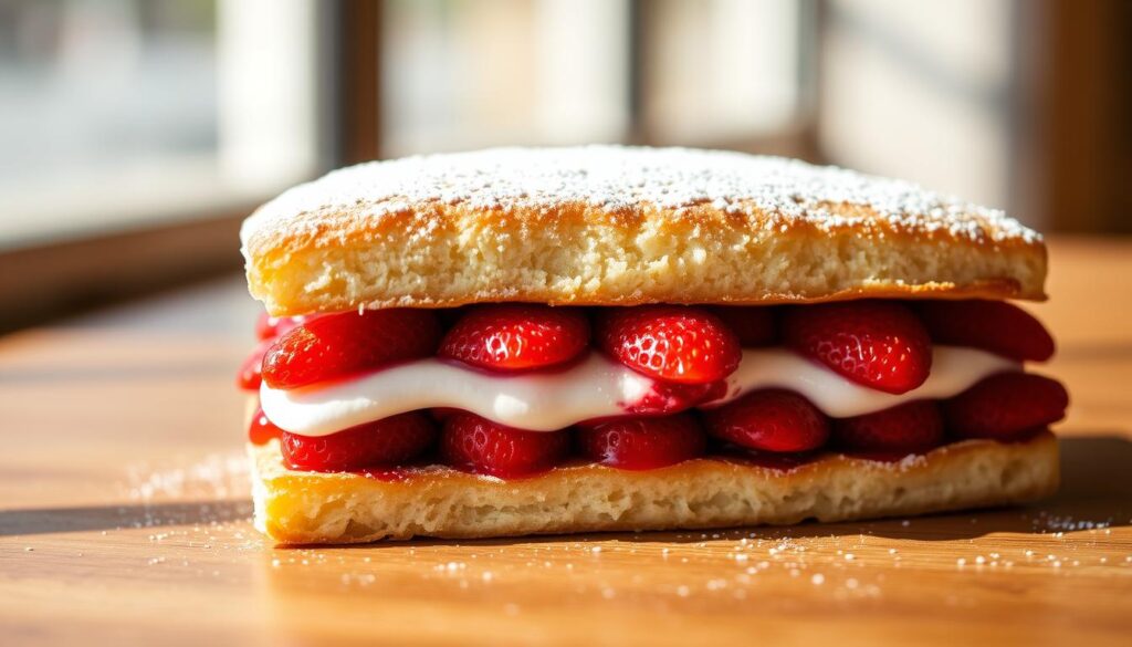 A luscious strawberry shortcake from Flor Patisserie, nestled on a wooden table. The cake's layers are meticulously stacked, revealing a vibrant red interior with plump strawberries and whipped cream. The spongy cake is dusted with powdered sugar, creating a delicate contrast. Soft, natural lighting illuminates the scene, casting warm shadows and highlighting the cake's fresh, inviting appearance. The background is blurred, allowing the cake to take center stage and showcase its artisanal craftsmanship. The overall mood is one of indulgence, quality, and a celebration of the classic strawberry shortcake.