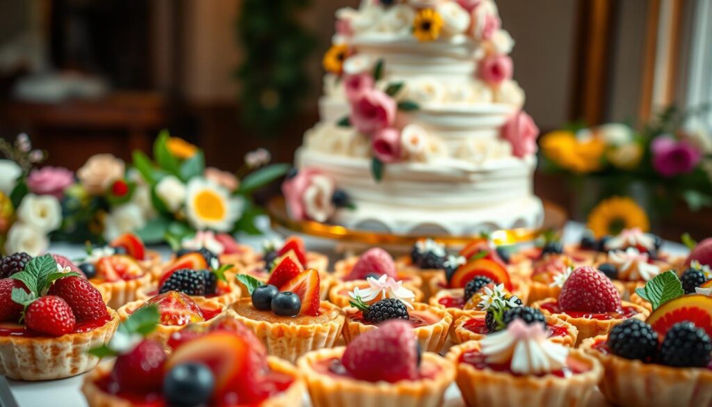 A lush, tantalizing display of customized desserts, adorned with an array of vibrant fruits and intricate designs. In the foreground, a lineup of individual tarts, each one a unique work of art - flaky crusts adorned with carefully arranged berries, drizzles of sweet glaze, and delicate floral garnishes. In the middle ground, a grand multi-tiered cake, its layers infused with the flavors of citrus and spice, topped with cascading buttercream rosettes and delicate sugar-spun decorations. The background is softly lit, casting a warm, inviting glow, highlighting the meticulous craftsmanship and attention to detail of these bespoke confections. The overall scene evokes a sense of celebration, indulgence, and the art of personalized dessert-making.