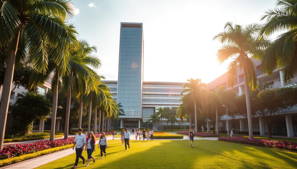 A lush, verdant campus of Republic Polytechnic nestled in the heart of Singapore. The main building, a striking architectural marvel of glass and steel, stands tall, its sleek facade reflecting the sun's rays. Students hurry across the well-manicured grounds, flanked by towering palm trees and vibrant flowerbeds. In the distance, modern laboratories and lecture halls emerge, their clean lines and open spaces embodying the institution's commitment to innovation and learning. The scene is bathed in a warm, golden light, creating a serene and inviting atmosphere that captures the essence of this premier educational institution.