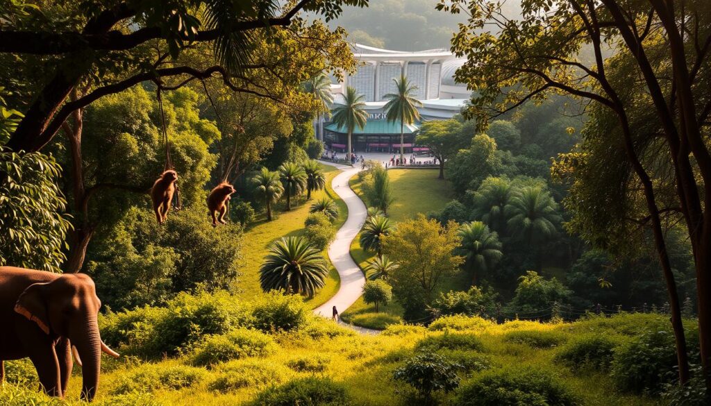A lush, verdant landscape of the Mandai Wildlife Reserve in Singapore. In the foreground, a group of majestic elephants roam freely, their trunks swaying gently. In the middle ground, a winding path leads visitors through the dense foliage, where monkeys playfully swing from the branches. In the background, the iconic Singapore Zoo buildings and enclosures are visible, blending seamlessly with the natural environment. The scene is bathed in warm, golden sunlight, creating a serene and captivating atmosphere. The image captures the essence of Singapore's renowned wildlife adventure, inviting viewers to immerse themselves in the wonder of the Mandai wilderness.
