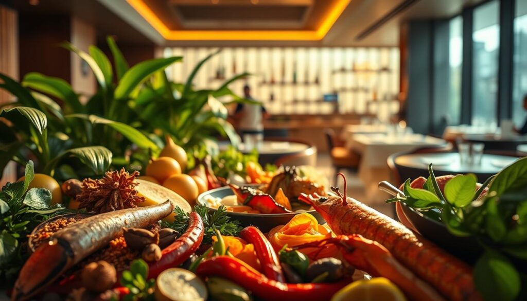 A lush, vibrant scene of Singaporean culinary delights, bathed in warm, golden light. In the foreground, a visually arresting arrangement of local ingredients - spices, herbs, tropical fruits, and fresh seafood - glistening with moisture. The middle ground features a meticulously crafted dish, showcasing the chef's artistry in blending traditional flavors with modern techniques. In the background, a softly blurred view of a sleek, minimalist dining space, with clean lines and subtle nods to Singaporean design aesthetics. The overall atmosphere exudes a sense of refinement, sophistication and a deep appreciation for the unique flavors that define Singaporean cuisine.