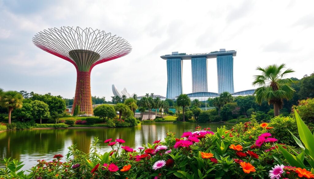 A lush, vibrant view of the Gardens by the Bay in Singapore. In the foreground, a serene lake reflects the iconic Supertree Grove, with its futuristic structures bathed in warm, golden sunlight. The middle ground features a diverse array of tropical flora, including blooming flowers and verdant foliage. In the background, the stunning Marina Bay Sands hotel complex rises, its sleek, modern architecture contrasting with the natural beauty of the gardens. The overall scene conveys a sense of tranquility and harmony, where nature and technology coexist in perfect balance.