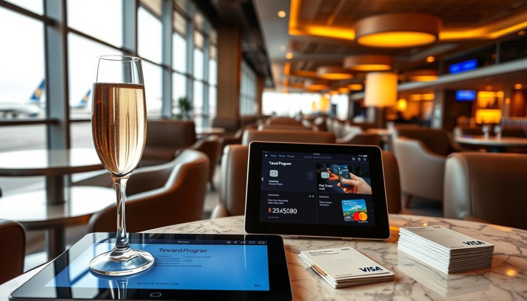 A luxurious airport lounge with plush leather chairs, marble countertops, and warm ambient lighting. In the foreground, a glass of champagne and a stack of travel loyalty cards. The middle ground features a tablet displaying flight details and reward program information. The background showcases floor-to-ceiling windows overlooking the bustling airport tarmac. The scene exudes a sense of affluence and privilege, reflecting the benefits and perks enjoyed by frequent travelers.