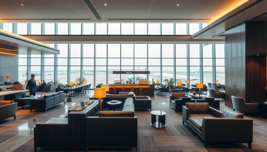 A luxurious and expansive first-class lounge at Singapore Changi Airport's Terminal 2, filled with natural light and sleek, modern furnishings. In the foreground, elegant seating areas with plush leather couches and armchairs invite passengers to relax in comfort. The middle ground features a well-appointed dining area with a buffet and bar, while the background showcases floor-to-ceiling windows offering panoramic views of the bustling airport tarmac. The atmosphere is one of refined sophistication, with a calming, serene ambiance accentuated by warm, indirect lighting and a soothing color palette of grays, whites, and natural wood tones.
