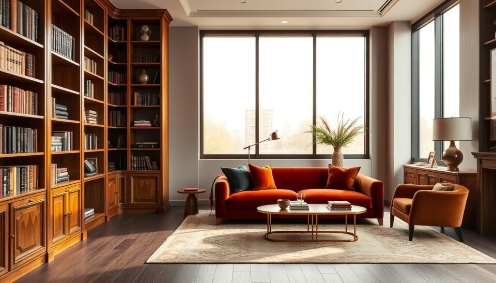 A luxurious and meticulously designed bespoke interior, showcasing a seamless blend of elegant modern aesthetics and timeless sophistication. The focal point is a stunning, custom-crafted wooden bookshelf that dominates the foreground, its intricate details and warm tones creating a sense of refined craftsmanship. In the middle ground, a plush, jewel-toned velvet sofa invites relaxation, while a large, floor-to-ceiling window floods the space with warm, natural light. The background features a subtle, neutral-toned wall, allowing the carefully curated furnishings and decor to take center stage. The overall atmosphere exudes a sense of personalized, high-end luxury, perfectly capturing the essence of bespoke interior design.
