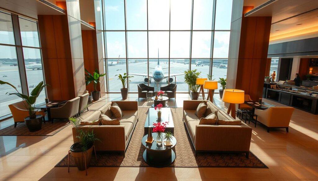 A luxurious and sophisticated airport lounge set in the bright and airy Singapore Changi Terminal 1. The expansive space features elegant furniture, plush seating, and warm lighting, creating a calming and rejuvenating atmosphere for weary travelers. Strategically placed potted plants and artistic decor add a touch of nature and sophistication. The lounge's floor-to-ceiling windows offer panoramic views of the bustling airport tarmac, allowing guests to watch aircraft take off and land while enjoying the comforts of the lounge. The scene is captured through a wide-angle lens, showcasing the lounge's spacious and inviting layout, with the focus on the main seating area and the stunning natural light streaming in.