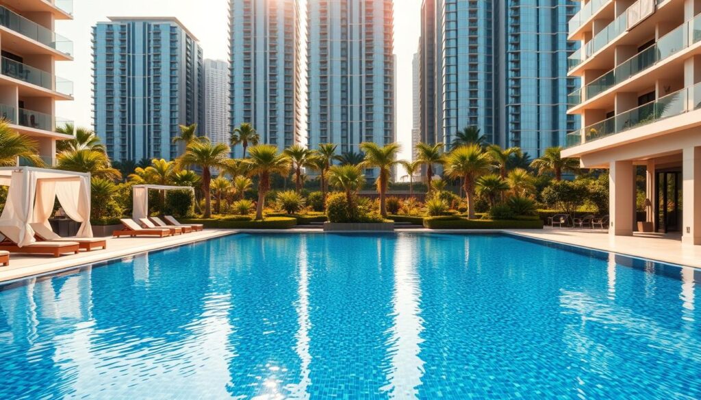 A luxurious condominium pool area with a sleek, modern design. The foreground features a sparkling, sapphire-blue infinity pool that extends to the horizon, surrounded by pristine, minimalist poolside loungers and cabanas. The middle ground showcases a well-manicured, lush garden with exotic palm trees and sculptural shrubbery. In the background, towering glass-and-steel high-rise buildings glisten in the warm, golden afternoon sunlight, creating a serene, urban oasis. The scene is illuminated by soft, diffused lighting, captured through a wide-angle lens to emphasize the spacious, open layout. An atmosphere of sophisticated elegance and tranquility pervades the image.