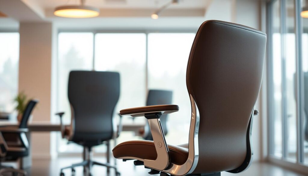 A luxurious, ergonomic office chair made from premium, high-quality materials. The chair has a sleek, modern design with a contoured backrest and seat for optimal comfort and support. The backrest is upholstered in supple, full-grain leather in a deep, rich color, complemented by a polished, chrome-finished frame. Soft, cushioned armrests provide additional support for the user's arms. The chair is set against a minimalist, light-filled office space, with large windows allowing natural light to flood the scene. Subtle, warm lighting from overhead fixtures casts a gentle glow, creating a serene and sophisticated atmosphere. The chair is positioned in the foreground, inviting the viewer to imagine themselves sinking into its comfortable embrace.