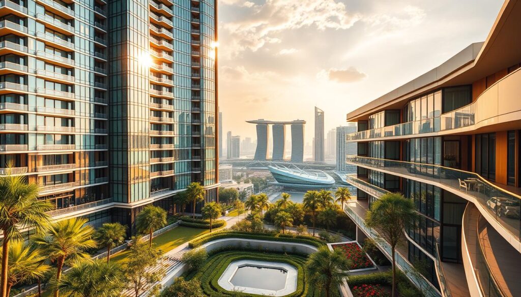 A luxurious high-rise condominium nestled in the heart of Singapore's bustling city center, its sleek glass facade glimmering under the warm afternoon sun. The foreground showcases a meticulously landscaped courtyard, with lush greenery and a serene water feature. In the middle ground, the building's striking architectural design is highlighted, featuring clean lines, elegant balconies, and floor-to-ceiling windows that offer panoramic views of the cityscape. The background is a breathtaking skyline, punctuated by towering skyscrapers and the iconic Marina Bay Sands. The scene exudes an atmosphere of exclusivity, sophistication, and contemporary urban living.