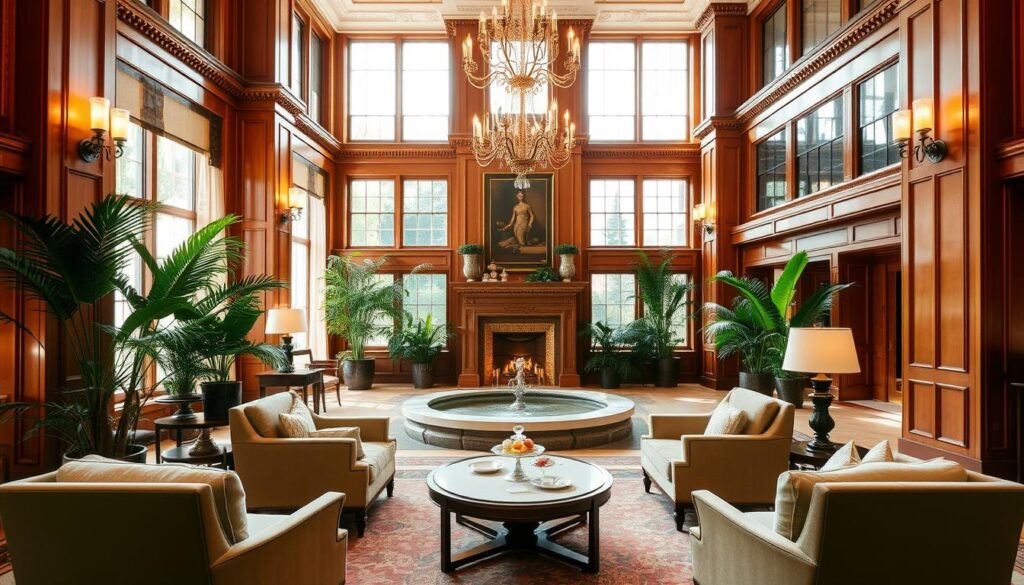 A luxurious lobby lounge with plush armchairs and sofas arranged around a central coffee table. The space is filled with natural light from floor-to-ceiling windows, casting a warm glow on the rich wood paneling and ornate fireplace. Elegant chandeliers hang overhead, illuminating the room's high ceilings and intricate moldings. Potted palms and other lush greenery add a touch of sophistication, while a soothing water feature adds a calming ambiance. The overall atmosphere exudes a sense of refined comfort and relaxation, perfect for an indulgent afternoon tea experience.