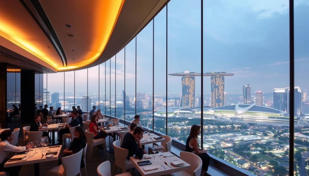 A luxurious rooftop dining experience at the iconic Marina Bay Sands in Singapore. The Spago Dining Room offers a breathtaking panoramic view of the city skyline, with the magnificent ArtScience Museum and Helix Bridge in the background. Soft, warm lighting illuminates the modern, minimalist interiors, creating a sophisticated ambiance. Patrons sit at well-appointed tables, enjoying a delectable menu of gourmet dishes and fine wines. The floor-to-ceiling windows provide a seamless transition between the indoor and outdoor spaces, allowing diners to fully immerse themselves in the vibrant atmosphere of this world-renowned destination.