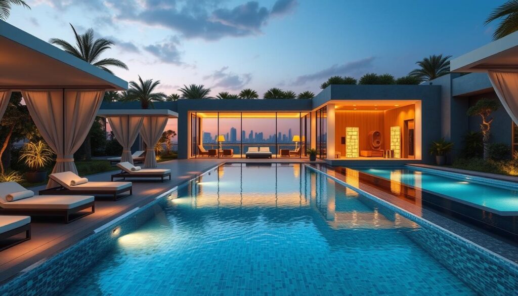 A luxurious swimming pool with crystal-clear water, surrounded by a serene garden oasis. Sleek, contemporary cabanas with plush lounge chairs beckon for relaxation. In the background, a state-of-the-art fitness center with floor-to-ceiling windows overlooking the city skyline. Warm, ambient lighting sets the tone for an indulgent spa experience, complete with a sauna and steam room. Elegant water features and lush greenery create a harmonious, resort-like ambiance. High-end, modern architecture blends seamlessly with the natural landscape, offering residents a private, exclusive haven in the heart of the city.