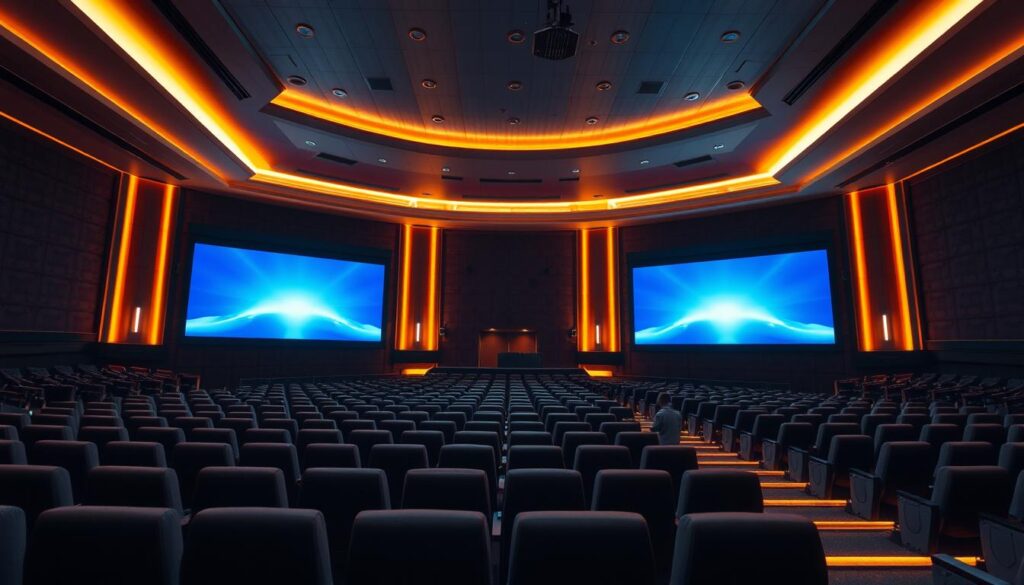 A majestic, modern cinema interior with sleek, luminous screens glowing in a dimly lit auditorium. Plush, comfortable seating arranged in tiered rows, bathed in a warm, ambient glow. Architectural details in smooth, clean lines accentuate the premium, high-tech atmosphere. A seamless, immersive viewing experience, enhanced by state-of-the-art IMAX laser projection, creating a captivating visual spectacle. Soft, diffused lighting from concealed sources casts a subtle, cinematic ambiance. The entire scene exudes a sense of refined elegance and technological sophistication, perfectly suited for a premier movie-going experience.