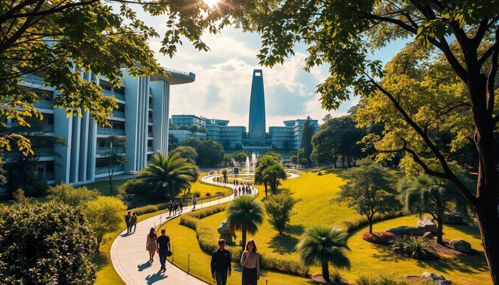 A majestic university campus nestled within a lush, verdant landscape. Towering modern buildings with sleek, minimalist designs stand in harmonious contrast to the surrounding greenery. Students stroll along winding pathways, bathed in warm, golden sunlight that filters through the leafy canopy overhead. In the distance, a stunning, futuristic-looking structure rises, its glass facade reflecting the vibrant colors of the sky. The atmosphere is one of academic rigor and intellectual curiosity, punctuated by the energy and enthusiasm of the young scholars. A scene that captures the essence of Temasek Polytechnic - a renowned center of excellence in Singapore, where innovation and personal growth flourish in equal measure.