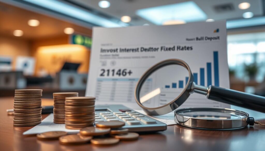 A meticulously composed still life featuring key factors to consider when choosing a fixed deposit. In the foreground, a stack of coins, a calculator, and a magnifying glass symbolize financial analysis. In the middle ground, a detailed graph and bar chart illustrate interest rates and account details. The background is a softly blurred bank interior, with warm lighting casting a pensive mood. Captured through a shallow depth of field lens, this image conveys the careful deliberation required when selecting the optimal fixed deposit.