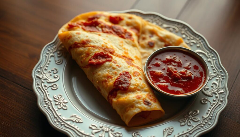 A meticulously prepared curry prata, its golden-brown surface glistening with ghee, resting atop an ornate plate. Alongside, a small bowl of rich, aromatic curry, its deep red hue enticing the senses. The scene is bathed in soft, warm lighting, creating a cozy, inviting atmosphere. The prata's flaky layers and the curry's complex flavors are poised to harmonize in a delightful sensory experience. The composition is balanced, with the prata taking center stage, surrounded by a simple, minimalist backdrop that allows the dish to shine. This image perfectly captures the quintessential pairing that elevates the humble roti prata into a culinary delight.