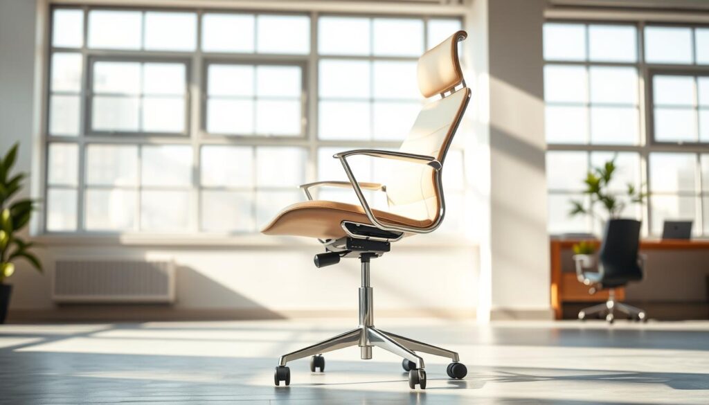 A minimalist, elegant ergonomic office chair in a bright, airy workspace. The chair features a sleek, curved back and plush, supportive seat cushion in a neutral beige tone. It is positioned atop a sturdy, chrome-finished base with five-star caster base for easy mobility. The chair is illuminated by natural light filtering through large windows, creating a warm, inviting ambiance. The overall composition emphasizes the chair's streamlined design and excellent posture support, highlighting its suitability for an ergonomic, comfortable work environment.