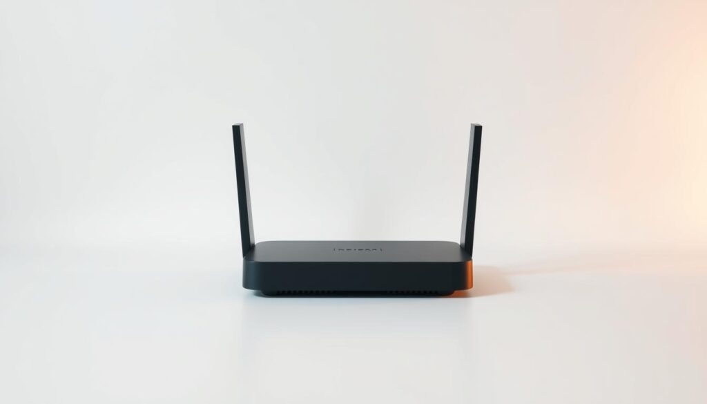 A minimalist, no-frills fibre broadband plan displayed against a plain white background, with a simple yet modern design aesthetic. The router itself takes center stage, its sleek and unobtrusive form casting a subtle shadow on the pristine surface. Subtle warm lighting from the side gently highlights the router's matte finish, conveying a sense of quality and reliability. The overall composition is clean, focused, and devoid of any distracting elements, allowing the broadband plan's core functionality to shine through.