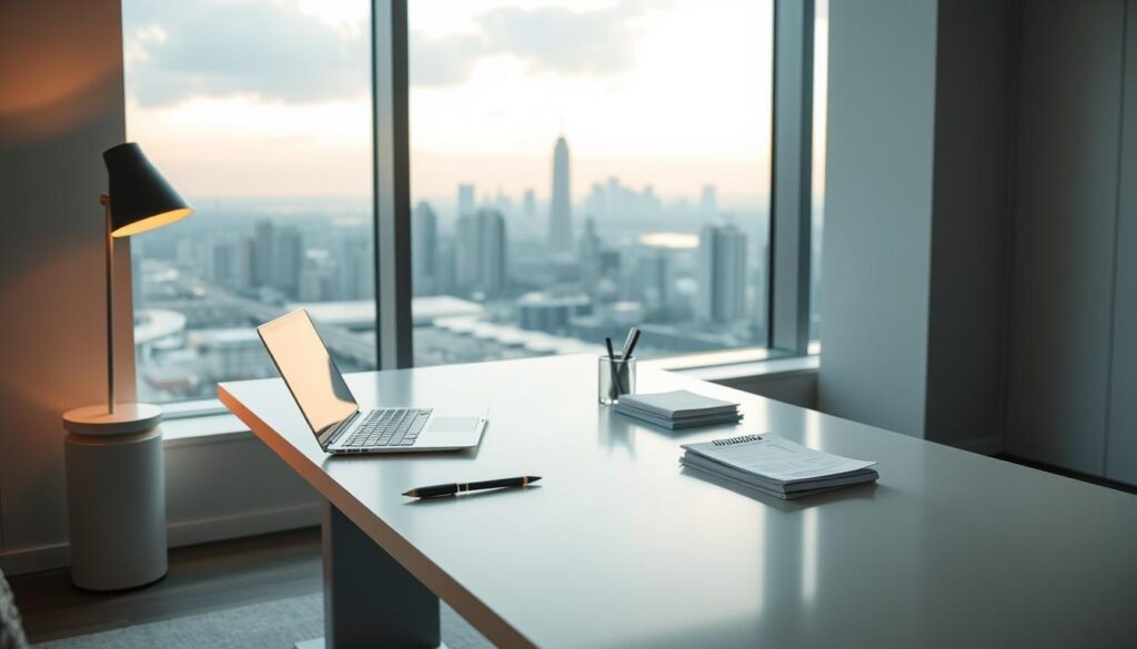 A minimalist office setting with a sleek, modern desk and a large window overlooking a serene cityscape. On the desk, a laptop, a pen holder, and a stack of financial documents. Subtle lighting filters through the window, casting a warm, focused glow on the workspace. The overall atmosphere conveys a sense of productivity and financial discipline, with a touch of elegance. The scene emphasizes the importance of maximizing savings without relying solely on a steady salary, hinting at the financial strategies and principles discussed in the article.