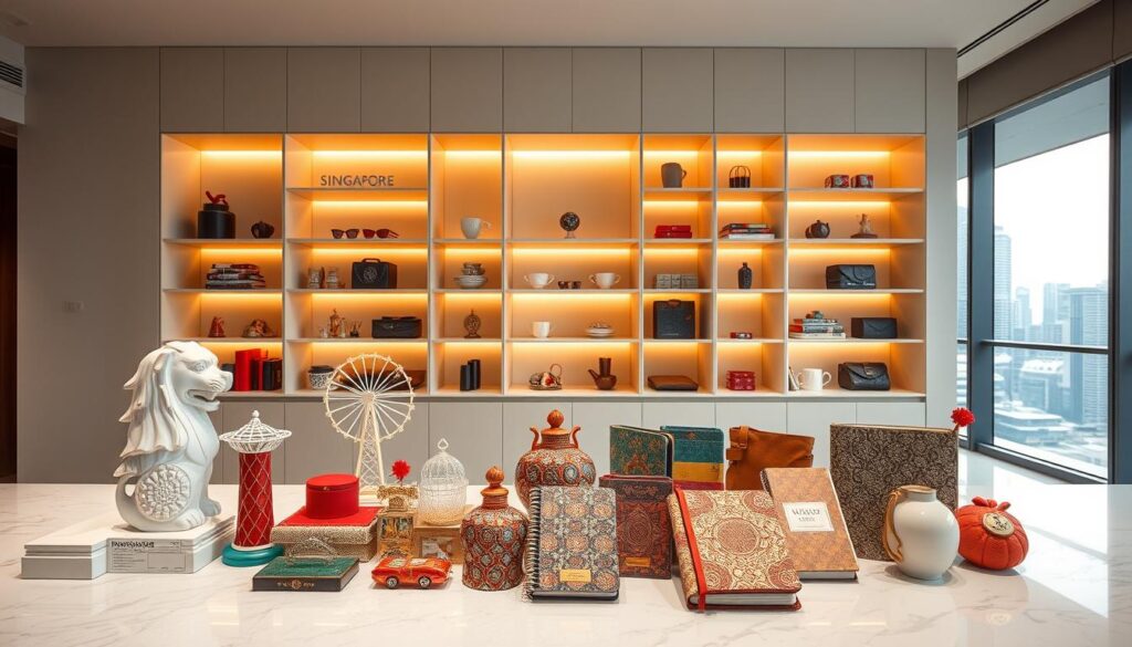 A modern and vibrant display of Singapore's unique memorabilia, captured in a sleek, minimalist setting. In the foreground, an assortment of iconic Singaporean souvenirs, such as miniature Merlion statues, Singapore Flyer models, and intricate batik-patterned notebooks, arranged artfully on a white marble countertop. The middle ground features a backdrop of warm, diffused lighting, casting a soft, ambient glow that highlights the intricate details of the memorabilia. In the background, a clean, contemporary shelving unit showcases a curated collection of Singapore-inspired trinkets, from ceramic teacups to premium leather wallets, all framed by a large window overlooking the city skyline. The overall atmosphere conveys a sense of sophisticated elegance and Singaporean cultural pride.