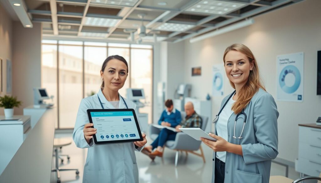 A modern and well-equipped medical office, with sleek, minimalist furniture and soothing pastel colors on the walls. In the foreground, a friendly-looking receptionist gestures towards an appointment booking system on a tablet. Behind them, patients sit in comfortable chairs, calmly reviewing documents and making notes. Warm, natural lighting filters in through large windows, creating a calming atmosphere. In the background, medical equipment and signage indicate this is a specialized cardiology clinic, where a skilled cardiologist is ready to provide expert care.