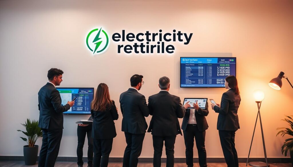 A modern, clean-lined office space with a prominent electricity retailer logo prominently displayed on the wall. A team of professionals in business attire stands in the foreground, examining energy plans and rates on sleek digital displays. Warm, diffused lighting illuminates the scene, creating a professional and authoritative atmosphere. The overall composition conveys the idea of a trusted, reliable electricity provider offering tailored solutions to consumers.