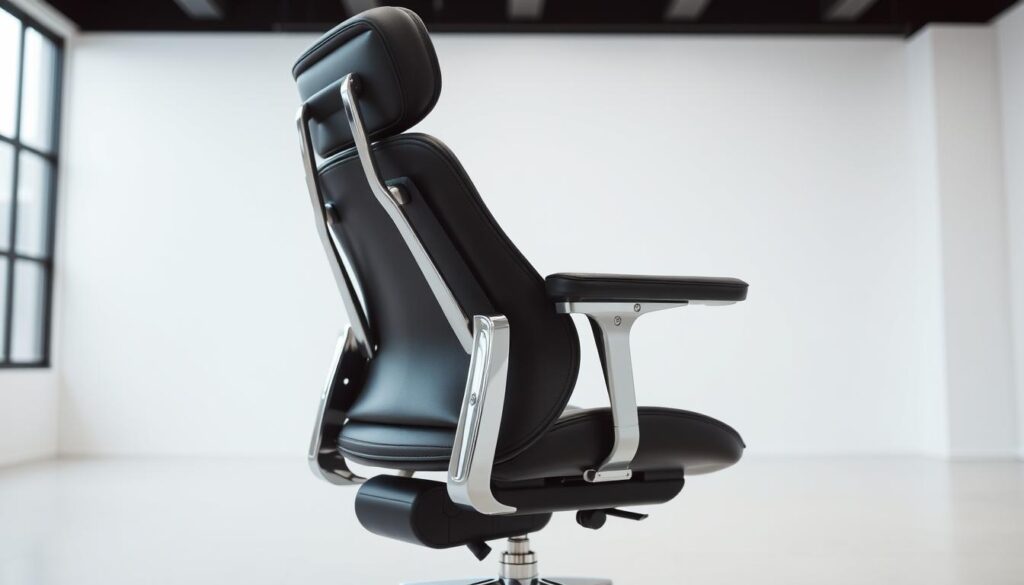 A modern, ergonomic office chair with an adjustable backrest, lumbar support, and swivel base. The chair is positioned in a well-lit, minimalist studio setting with soft, diffused lighting from a large window. The chair's sleek, black leather upholstery and polished chrome accents create a sophisticated, professional aesthetic. The camera angle is slightly elevated, providing a clear view of the chair's thoughtful design and adjustability features, showcasing its suitability for long hours of productive work.