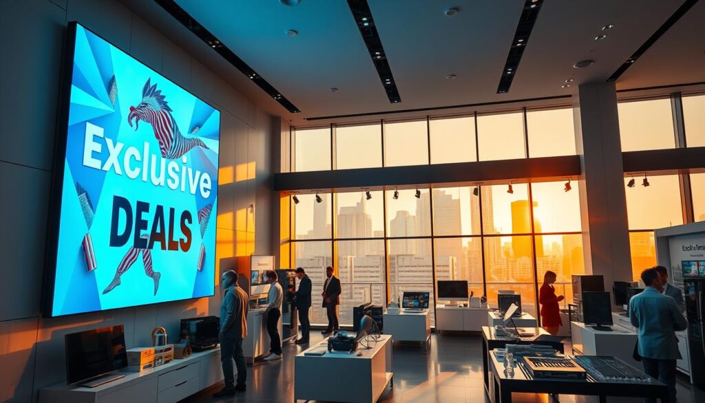 A modern, high-end retail showroom with sleek, minimal decor and bold, dynamic lighting. In the foreground, a large LED display showcases "Exclusive Deals" in a stylized, eye-catching design. Surrounding the display are various premium electronic devices and appliances arranged in an inviting, visually striking layout. The middle ground features well-dressed customers examining the products, conveying a sense of luxury and exclusivity. The background has floor-to-ceiling windows overlooking an urban skyline, bathed in warm, golden hour sunlight. The overall atmosphere is one of sophisticated refinement and an unparalleled shopping experience.