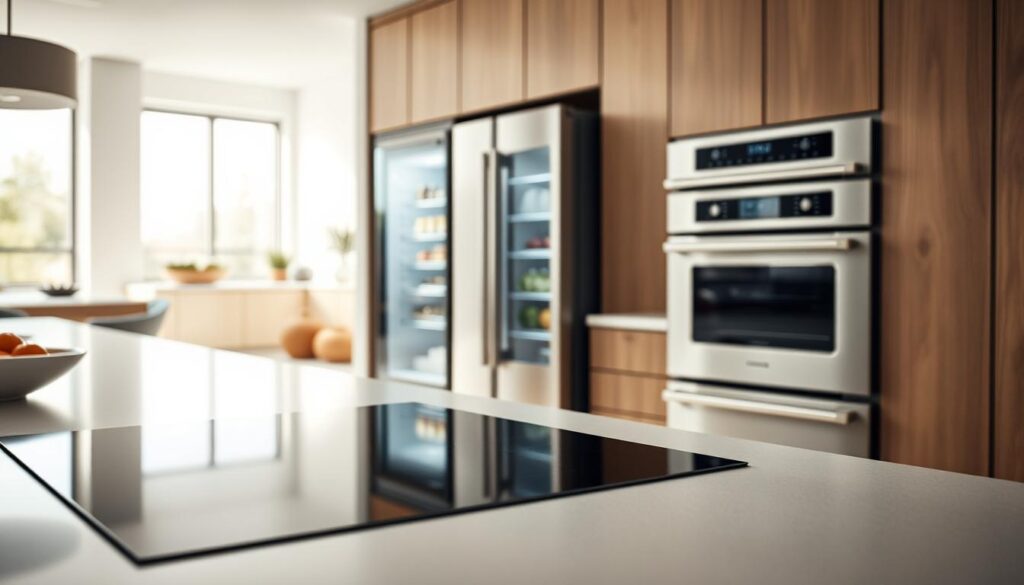 A modern kitchen filled with sleek, high-end appliances. In the foreground, a stainless steel induction hob with precise controls and a smooth, seamless surface. Beside it, a matching oven with a clean, minimalist design and sophisticated touchscreen interface. In the middle ground, a state-of-the-art refrigerator with a glass door, showcasing its contents in a well-lit, contemporary setting. The background features a neutral-toned, minimalist kitchen interior, with ample natural lighting filtering in through large windows, creating a bright and airy atmosphere. The overall scene conveys a sense of sophistication, efficiency, and the latest advancements in kitchen technology.