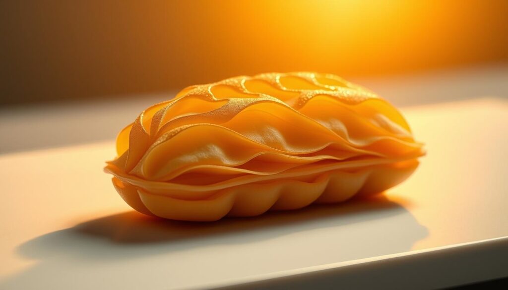 A modern kueh bangkit, its intricate design a delicate dance of light and shadow. Delicate layers of buttery pastry, delicately molded and gilded, adorned with a subtle sheen. Backlit by a warm, golden glow, casting a soft, inviting radiance. The kueh bangkit rests upon a sleek, minimalist surface, its simplicity a canvas for the pastry's artful elegance. Captured in sharp focus, the details of its craftsmanship shine, a testament to the evolution of this traditional Singaporean delight.