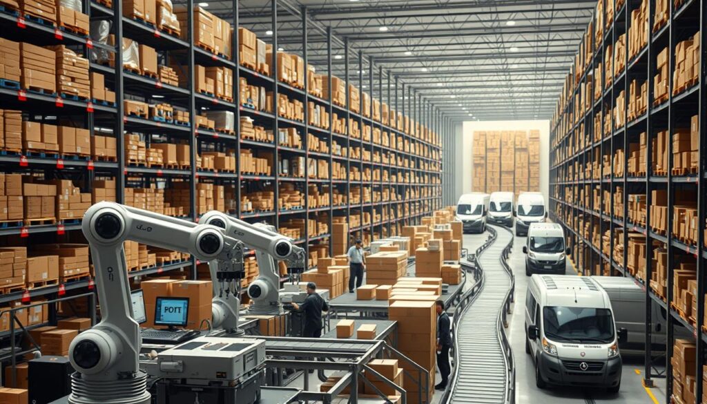 A modern logistics warehouse, filled with rows of shelves stocked with e-commerce goods. In the foreground, robotic arms swiftly sort and package parcels, while workers monitor the process from ergonomic stations. Soft, diffused lighting casts a warm glow, creating a sense of efficiency and organization. The middle ground showcases conveyor belts transporting packages, weaving between towering racks of inventory. In the background, a fleet of delivery vans waits to dispatch the orders, their sleek, branded exteriors hinting at the speed and reliability of the service. The overall scene conveys the seamless integration of technology and human expertise, creating a streamlined e-commerce logistics operation.