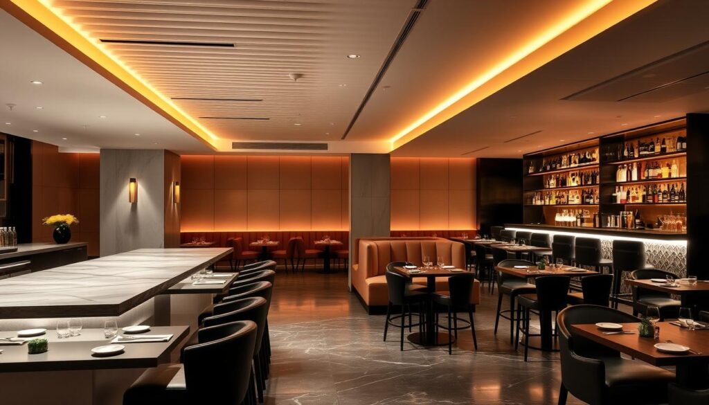 A modern, minimalist dining space with two distinct areas - an elegant fine-dining section and a more casual, lively bar area. The fine-dining section features a sleek, marble-topped bar, plush leather seating, and warm, recessed lighting that casts a cozy glow. In the bar area, high-top tables and stools are paired with an impressive backlit liquor display. The overall atmosphere is one of sophistication and contrast, with seamless transitions between the two distinct concepts. Capture this dual-purpose dining destination with an eye-catching architectural layout and thoughtful interior design.