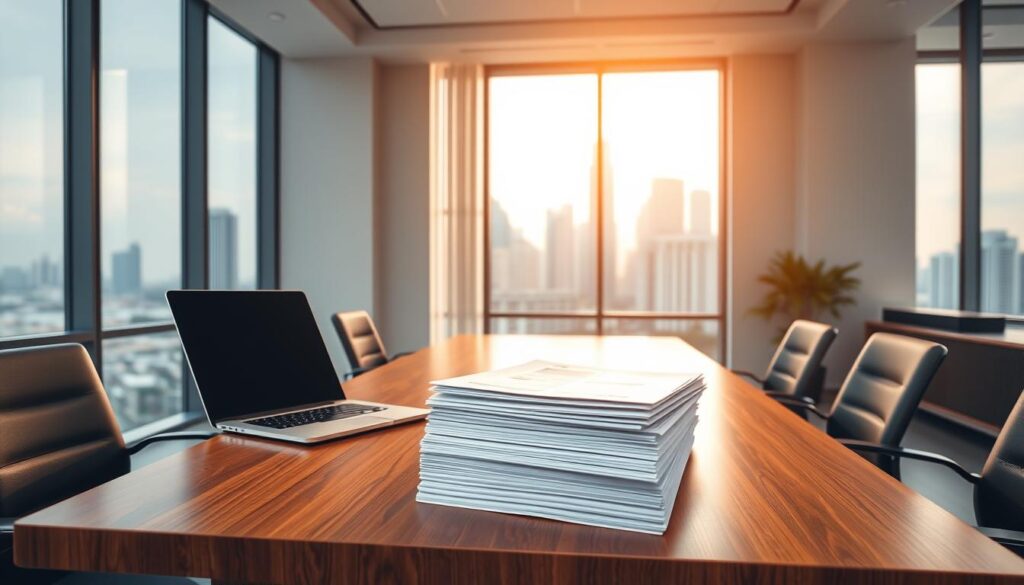 A modern, minimalist office interior with a large wooden desk, a laptop, and a stack of documents representing various loan types. The lighting is warm and natural, creating a professional yet inviting atmosphere. In the background, a large window overlooks the iconic Singapore skyline, reflecting the vibrant and dynamic financial landscape of the city. The overall composition emphasizes the efficiency, trustworthiness, and expertise of a licensed money lender in Singapore, catering to the diverse lending needs of its clientele.